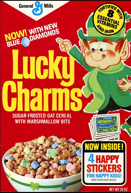 Lucky Charms box that says "Now! With New Blue Diamonds"