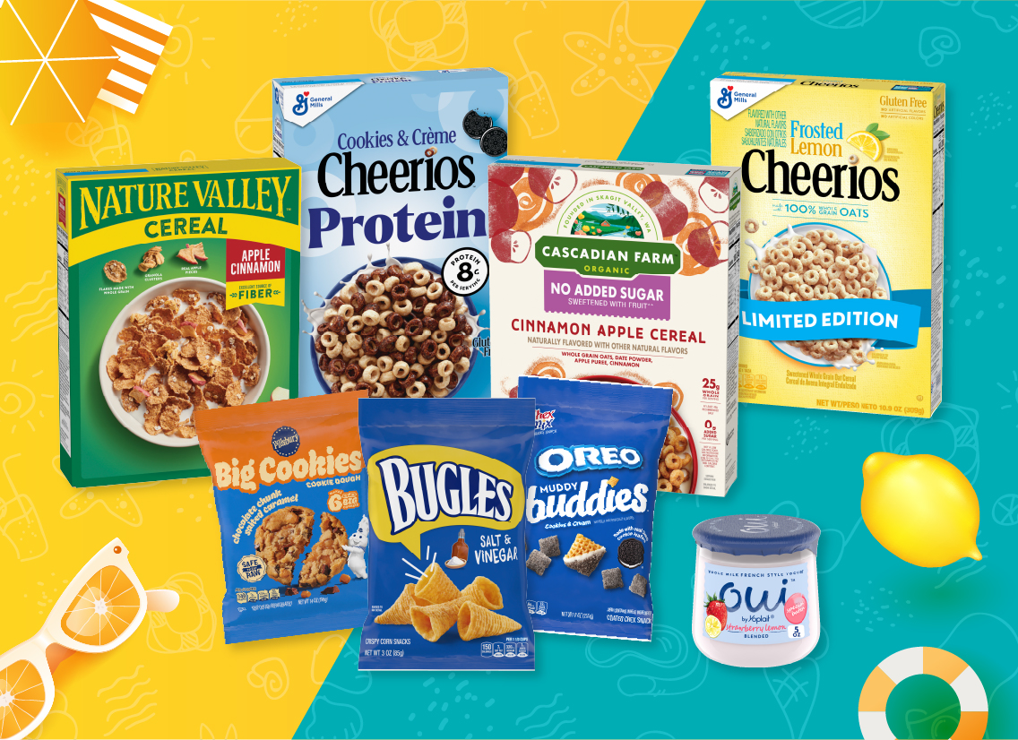 A collection of General Mills products on a summer background